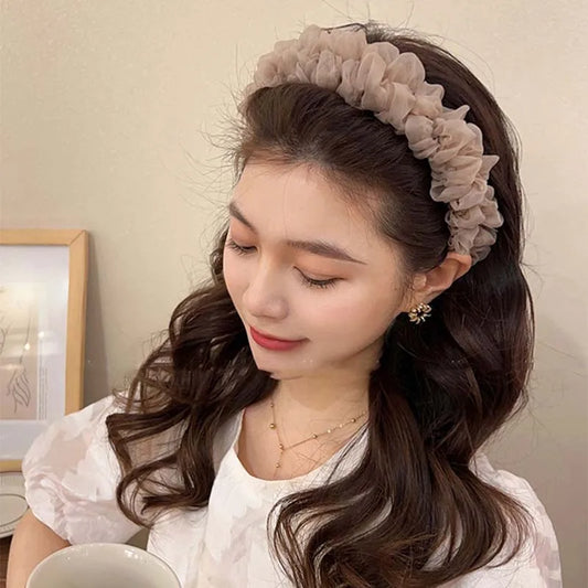 New Trendy Solid Color Mesh Pleated Headbands for Women Korean Elegant Ruffle Hairband Hair Band Headwear Hair Accessories