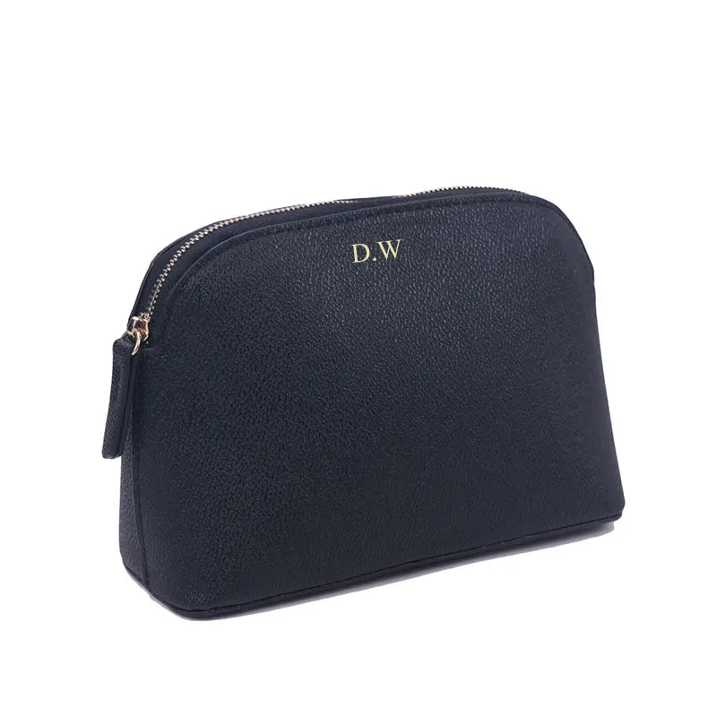 Bolsa de cosméticos de cuero sintético con letras personalizadas, clásica, sencilla, de color liso, con cremallera avanzada.