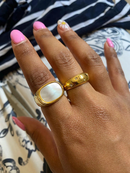 Anillo Uworld de acero inoxidable 316L chapado en oro PVD de 18K para dedo, joyería llamativa, con concha, perla de agua dulce y circonia