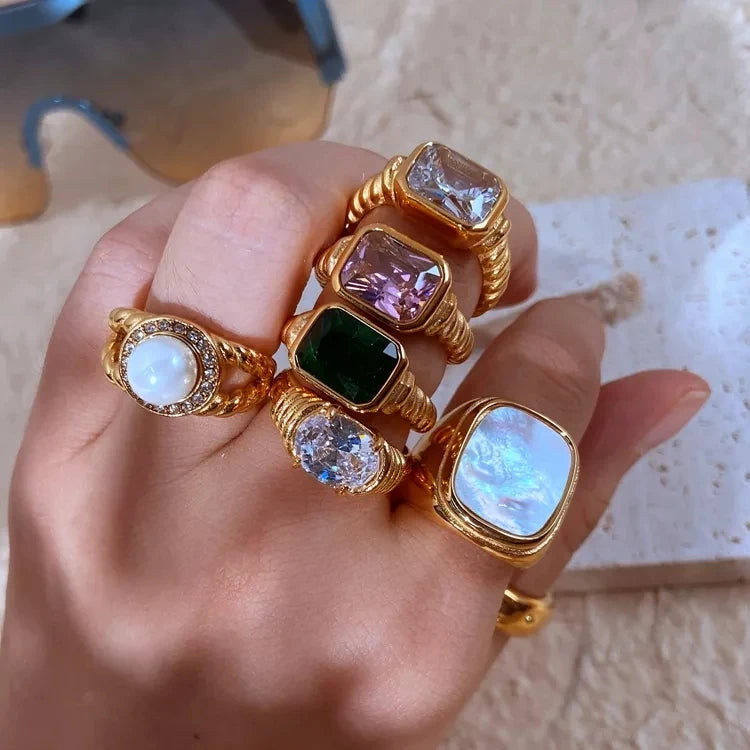 Anillo Uworld de acero inoxidable 316L chapado en oro PVD de 18K para dedo, joyería llamativa, con concha, perla de agua dulce y circonia