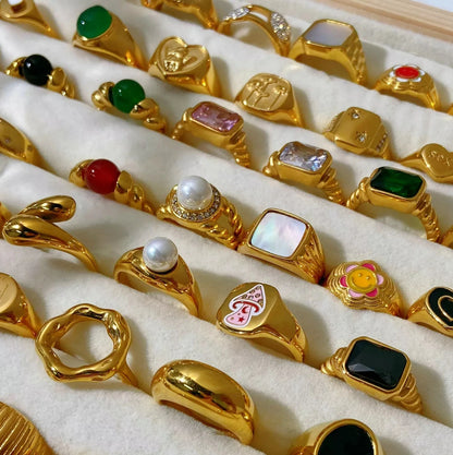 Anillo Uworld de acero inoxidable 316L chapado en oro PVD de 18K para dedo, joyería llamativa, con concha, perla de agua dulce y circonia