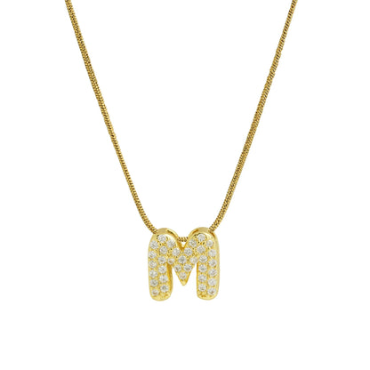 Collar con Inicial de Letra Bonita, Baño de Oro de 18K, Collar con Zirconias, Collar de Letras Infladas