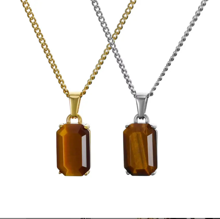 Gold Plated Natural Obsidian Stone Pendant Hiphop Stainless Steel Gemstone Onyx Stone Necklace Jewelry For Men