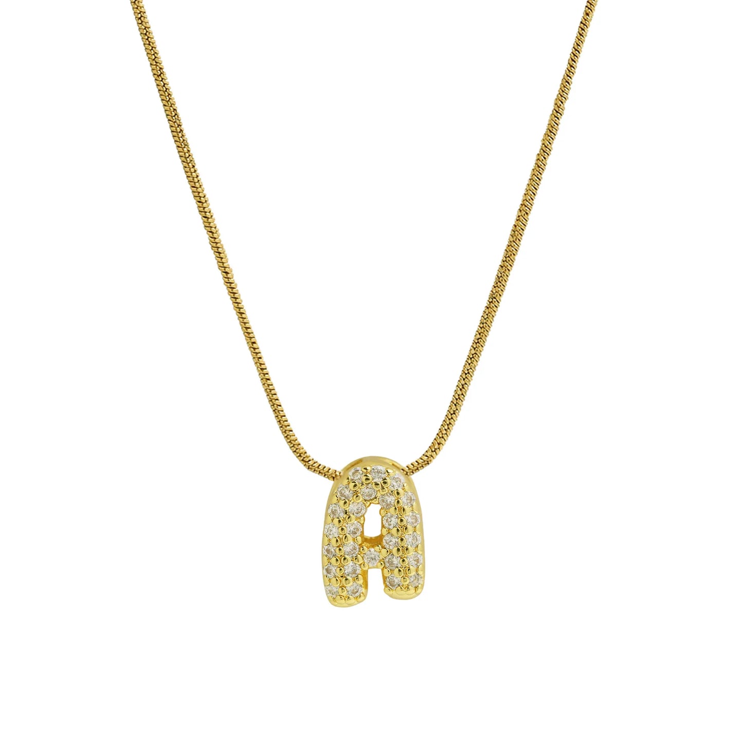 Collar con Inicial de Letra Bonita, Baño de Oro de 18K, Collar con Zirconias, Collar de Letras Infladas