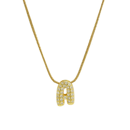 Collar con Inicial de Letra Bonita, Baño de Oro de 18K, Collar con Zirconias, Collar de Letras Infladas