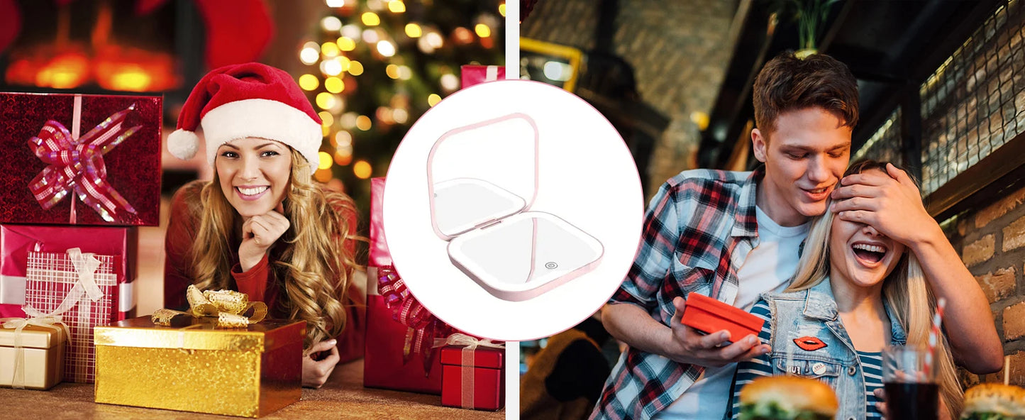Espejo compacto con luces, aumento 1X/2X, plegable portátil de mano, pequeño espejo de bolsillo LED para maquillaje de viaje, para regalo, bolso