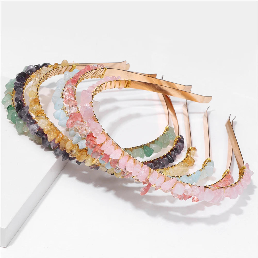1PC Natural Stone Crown Gravel Headbands Irregular Aquamarines Amethysts Chip Beads Hair Hoops For Women Girl Hair Accessories