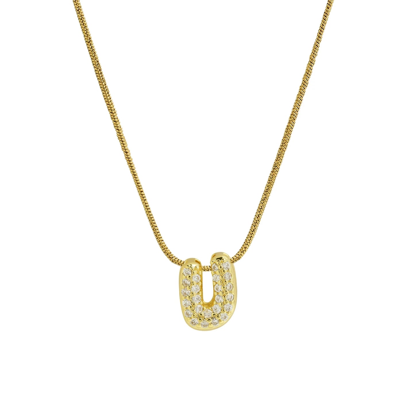 Collar con Inicial de Letra Bonita, Baño de Oro de 18K, Collar con Zirconias, Collar de Letras Infladas