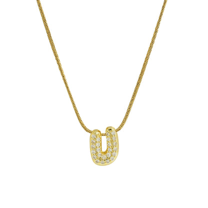 Collar con Inicial de Letra Bonita, Baño de Oro de 18K, Collar con Zirconias, Collar de Letras Infladas
