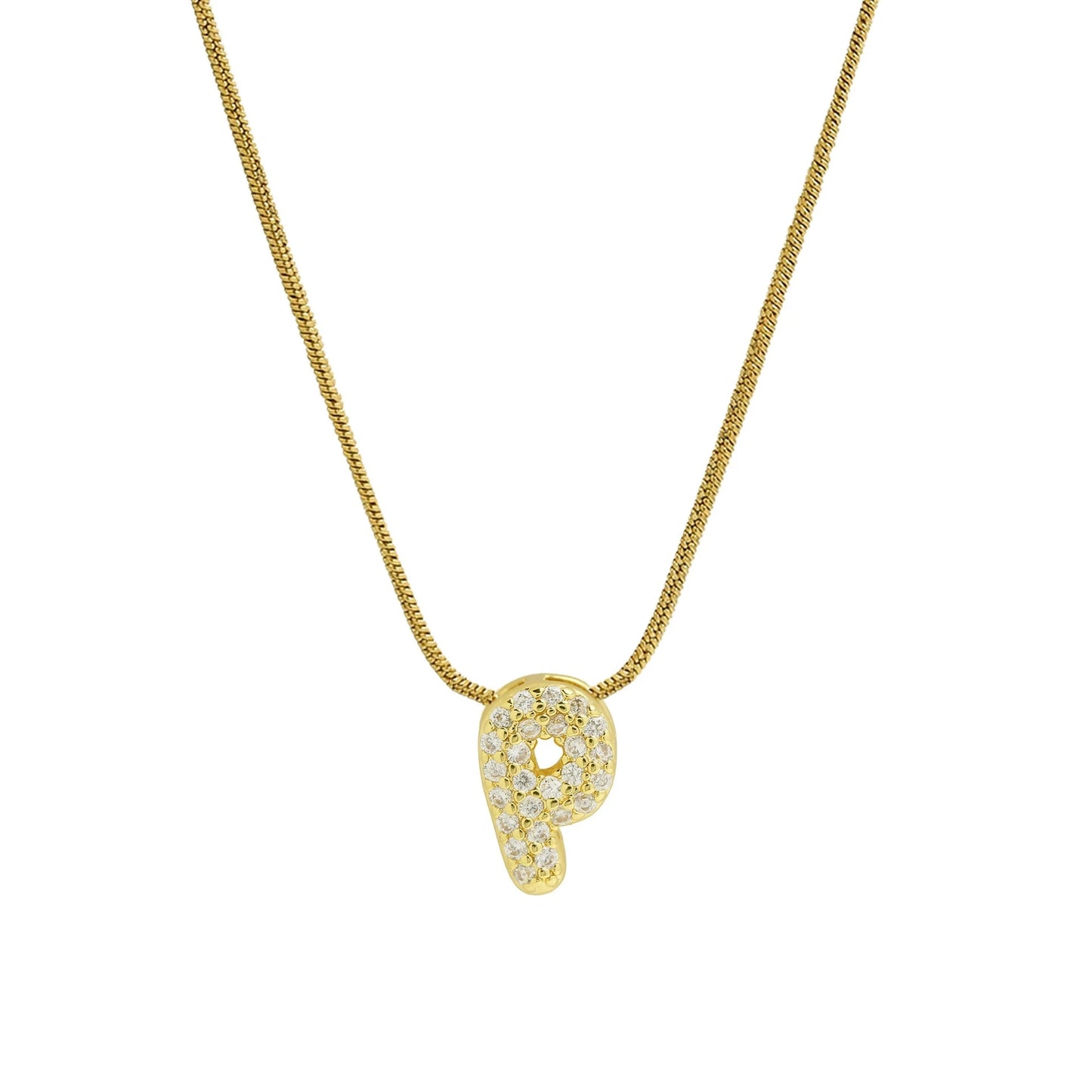 Collar con Inicial de Letra Bonita, Baño de Oro de 18K, Collar con Zirconias, Collar de Letras Infladas