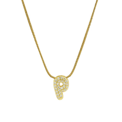Collar con Inicial de Letra Bonita, Baño de Oro de 18K, Collar con Zirconias, Collar de Letras Infladas