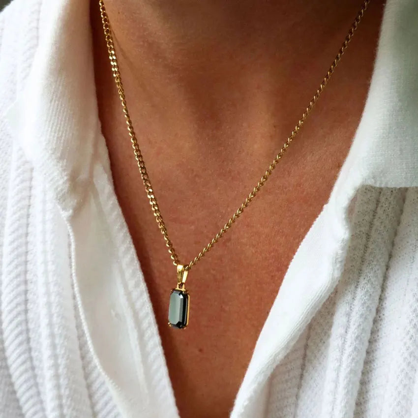 Gold Plated Natural Obsidian Stone Pendant Hiphop Stainless Steel Gemstone Onyx Stone Necklace Jewelry For Men