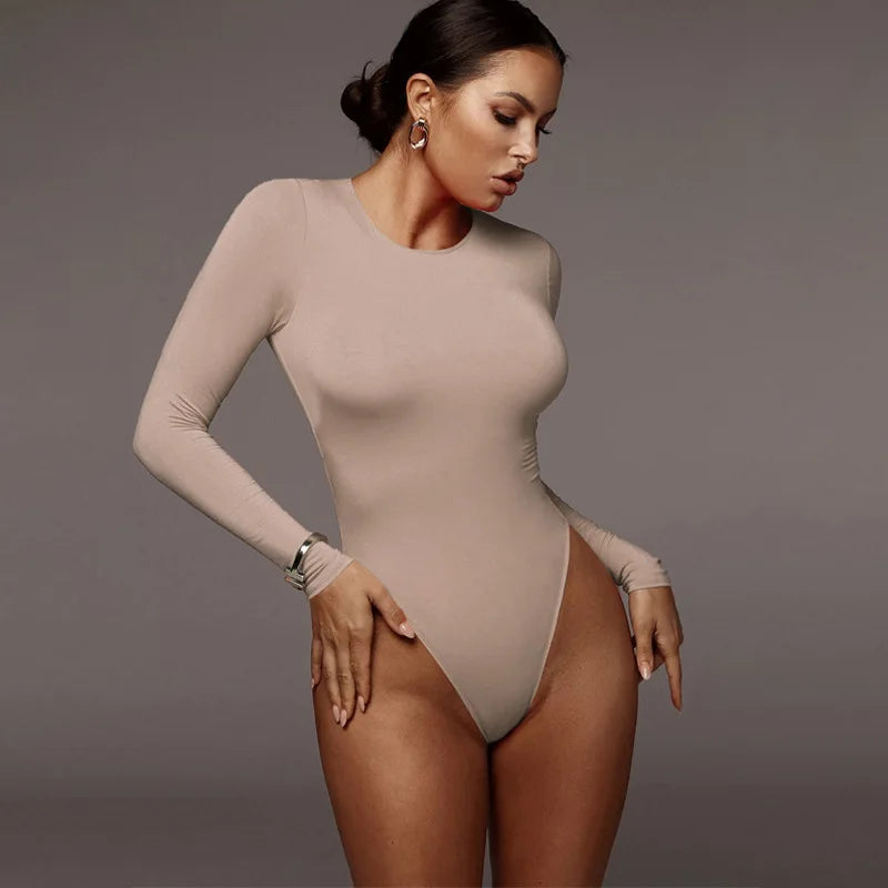 Bodysuit de manga larga cuello redondo color blanco, negro y color piel o khaki
