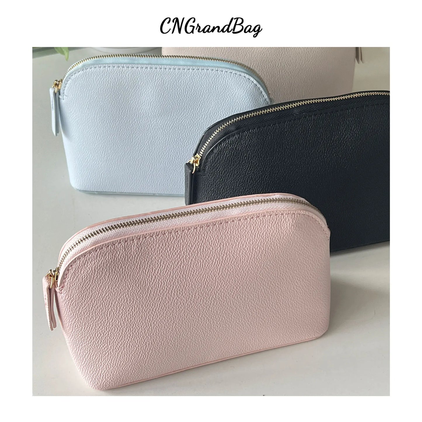 Bolsa de cosméticos de cuero sintético con letras personalizadas, clásica, sencilla, de color liso, con cremallera avanzada.
