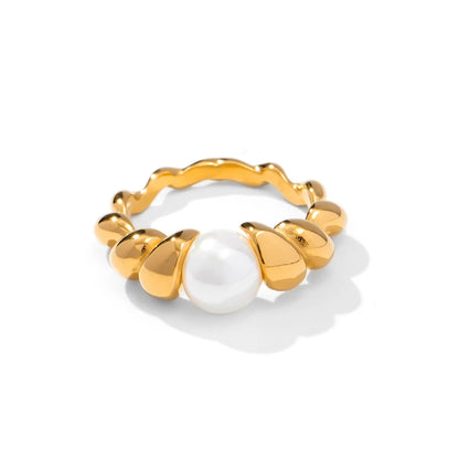 Anillo Uworld de acero inoxidable 316L chapado en oro PVD de 18K para dedo, joyería llamativa, con concha, perla de agua dulce y circonia