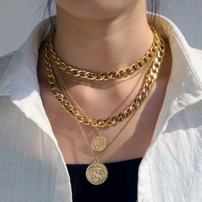 Collar de cadena gruesa y fina de varias capas para mujeres, collar punk con colgante circular, joyería vintage