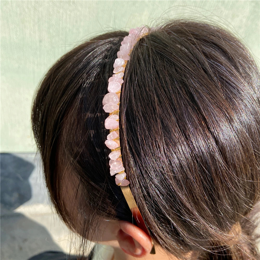1PC Natural Stone Crown Gravel Headbands Irregular Aquamarines Amethysts Chip Beads Hair Hoops For Women Girl Hair Accessories