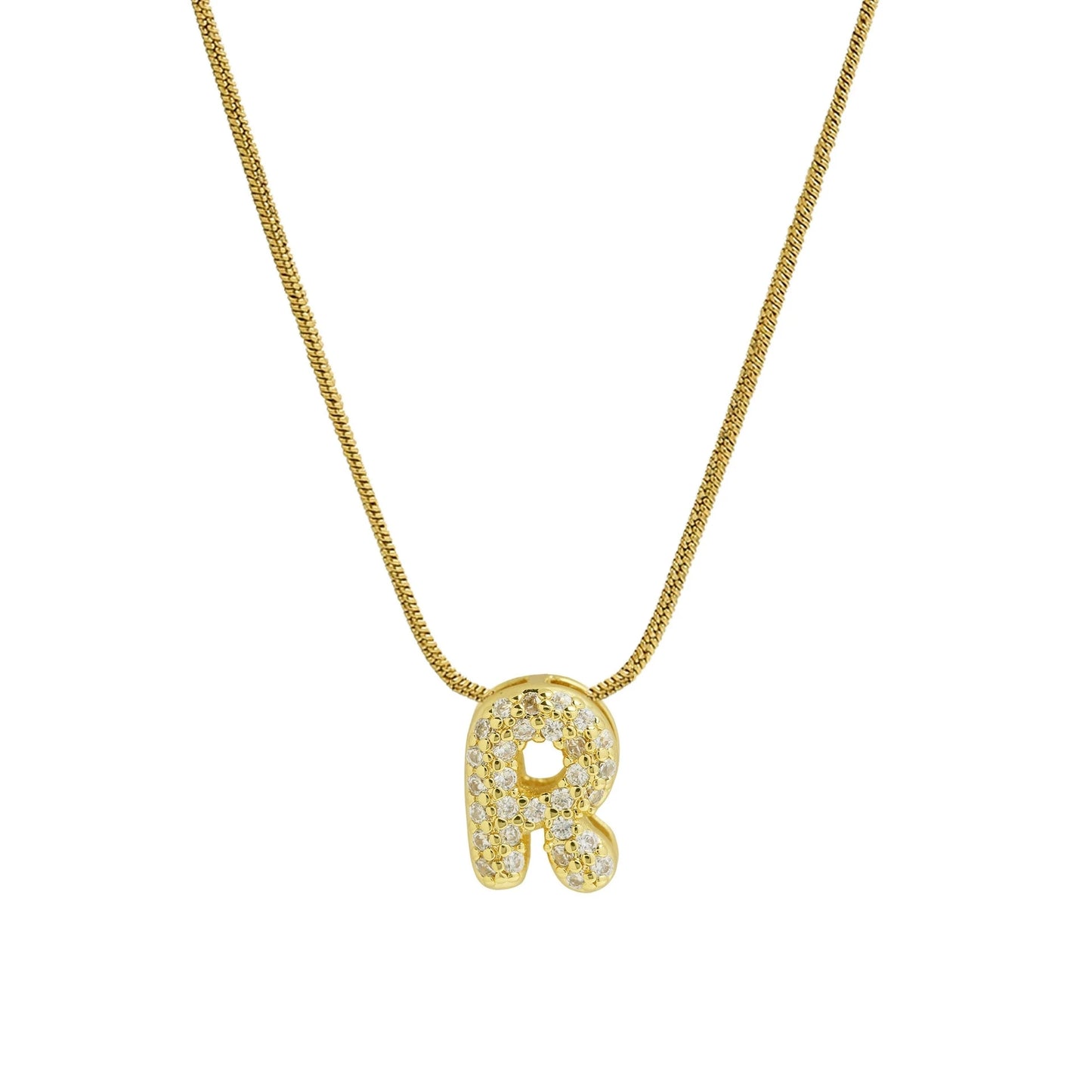 Collar con Inicial de Letra Bonita, Baño de Oro de 18K, Collar con Zirconias, Collar de Letras Infladas