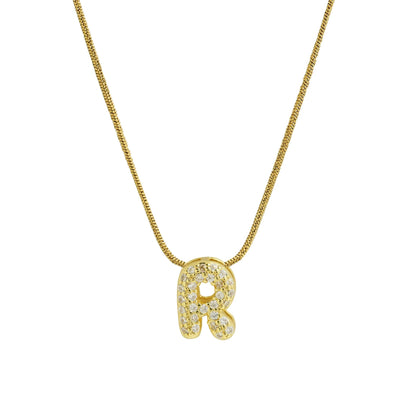 Collar con Inicial de Letra Bonita, Baño de Oro de 18K, Collar con Zirconias, Collar de Letras Infladas
