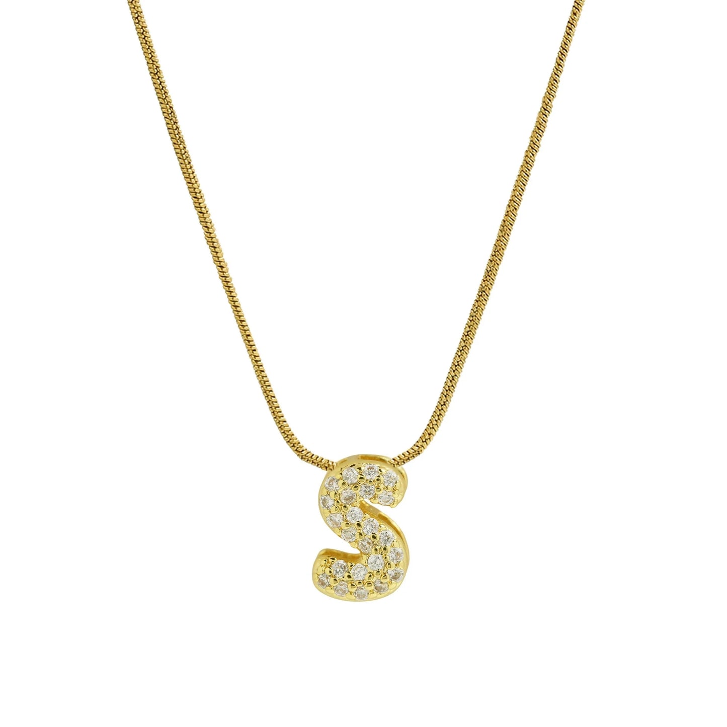 Collar con Inicial de Letra Bonita, Baño de Oro de 18K, Collar con Zirconias, Collar de Letras Infladas
