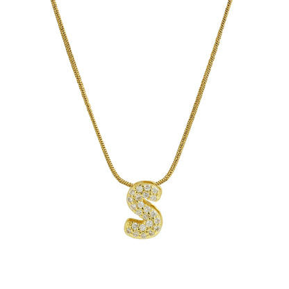 Collar con Inicial de Letra Bonita, Baño de Oro de 18K, Collar con Zirconias, Collar de Letras Infladas