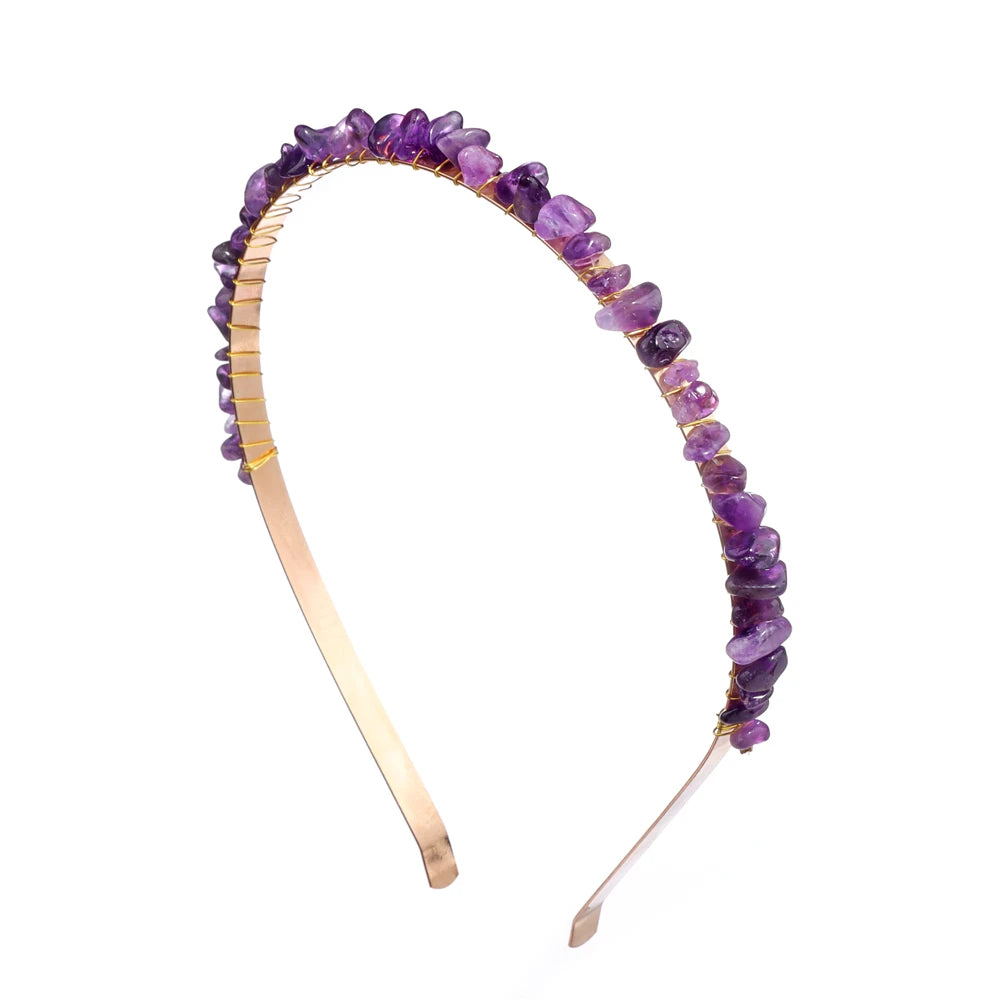 1PC Natural Stone Crown Gravel Headbands Irregular Aquamarines Amethysts Chip Beads Hair Hoops For Women Girl Hair Accessories