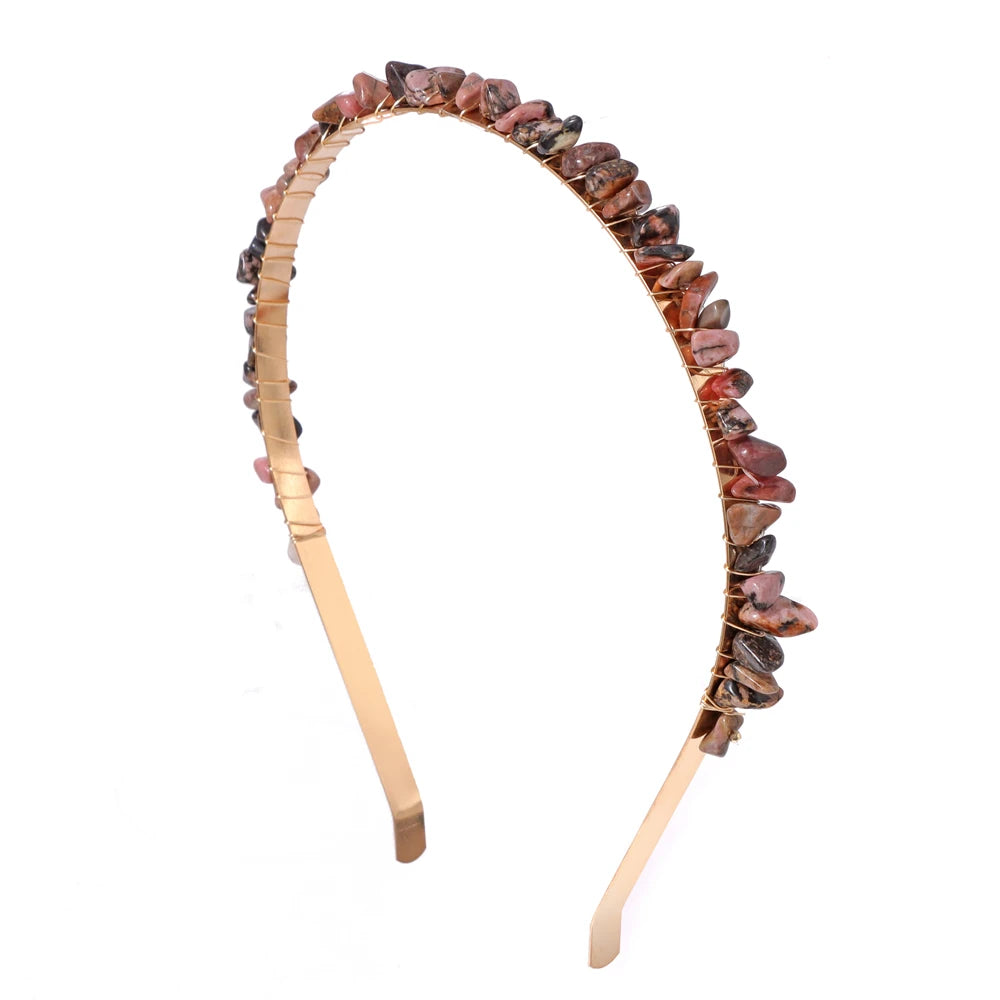 1PC Natural Stone Crown Gravel Headbands Irregular Aquamarines Amethysts Chip Beads Hair Hoops For Women Girl Hair Accessories