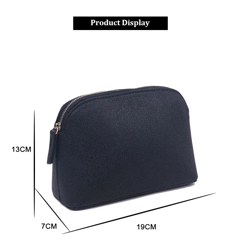 Bolsa de cosméticos de cuero sintético con letras personalizadas, clásica, sencilla, de color liso, con cremallera avanzada.