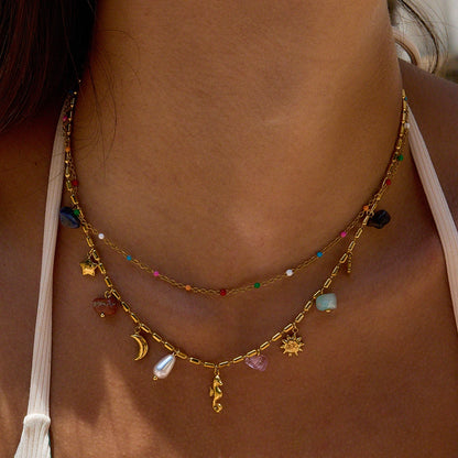 Collar colgante de piedra de color natural Uworld, en acero inoxidable bañado en oro de 18K, apilable de doble capa