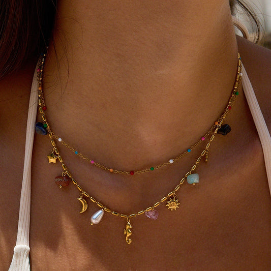 Collar colgante de piedra de color natural Uworld, en acero inoxidable bañado en oro de 18K, apilable de doble capa