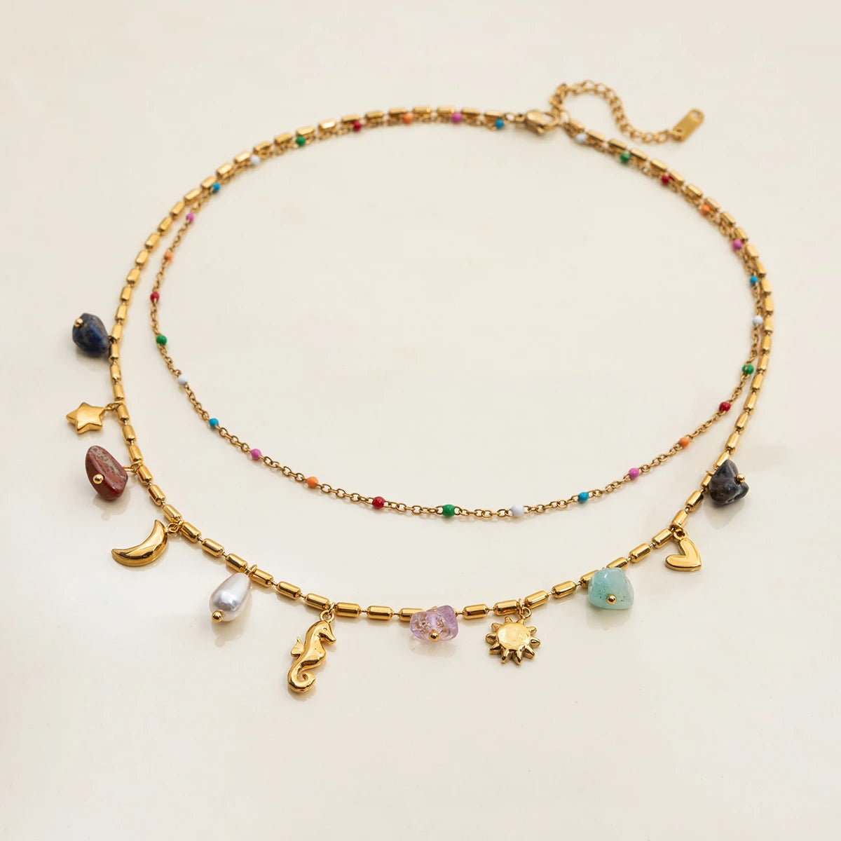 Collar colgante de piedra de color natural Uworld, en acero inoxidable bañado en oro de 18K, apilable de doble capa