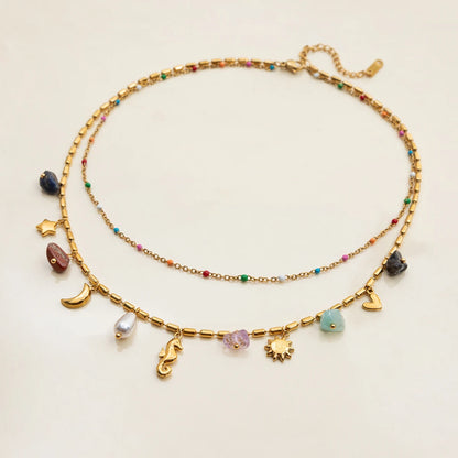 Collar colgante de piedra de color natural Uworld, en acero inoxidable bañado en oro de 18K, apilable de doble capa
