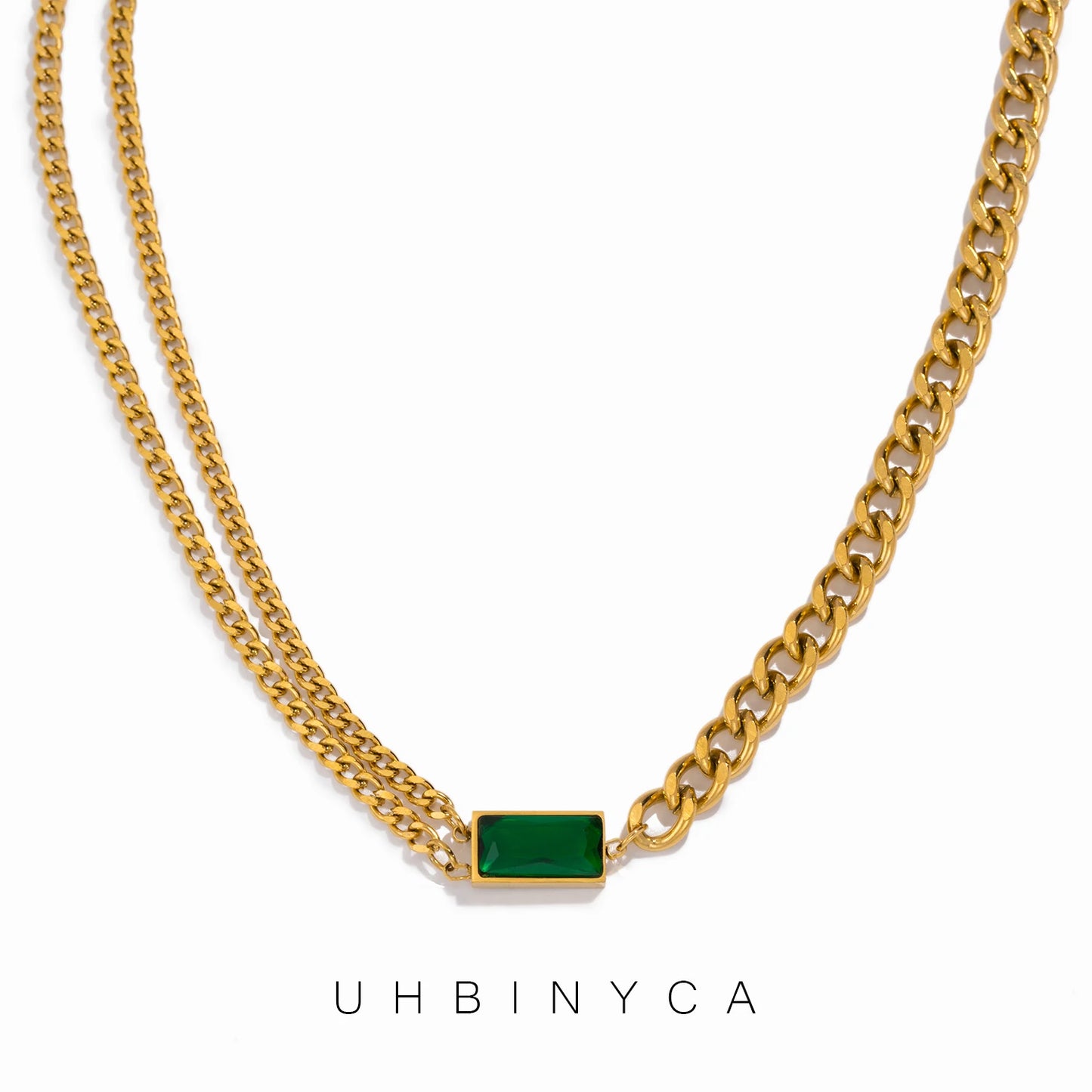 Collar clásico asimétrico de esmeralda para mujer, collar de acero inoxidable