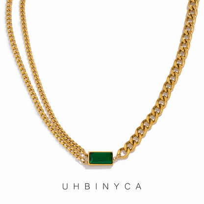 Collar clásico asimétrico de esmeralda para mujer, collar de acero inoxidable