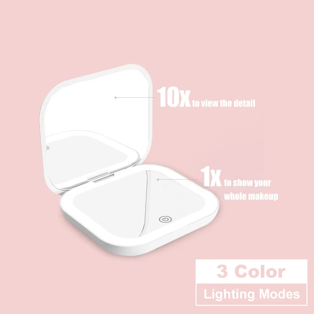 Espejo compacto con luces, aumento 1X/2X, plegable portátil de mano, pequeño espejo de bolsillo LED para maquillaje de viaje, para regalo, bolso