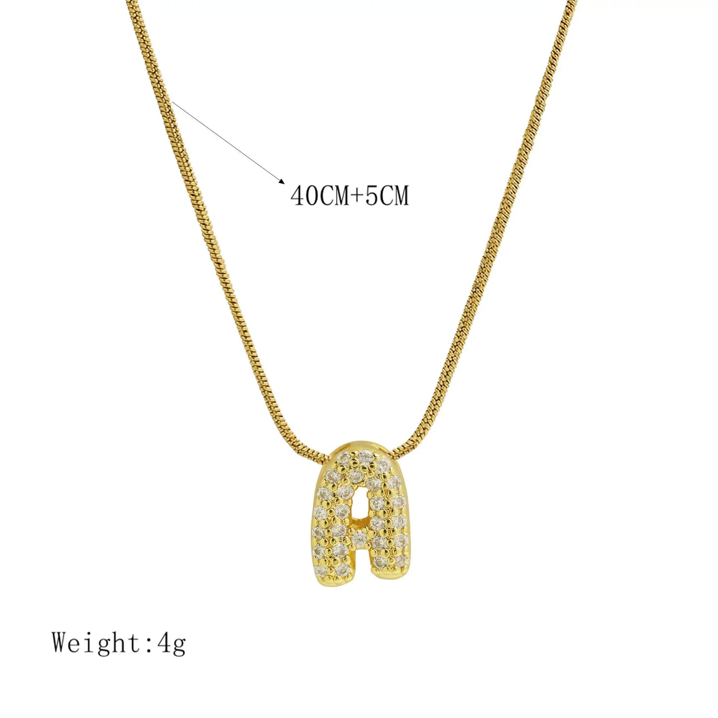 Collar con Inicial de Letra Bonita, Baño de Oro de 18K, Collar con Zirconias, Collar de Letras Infladas
