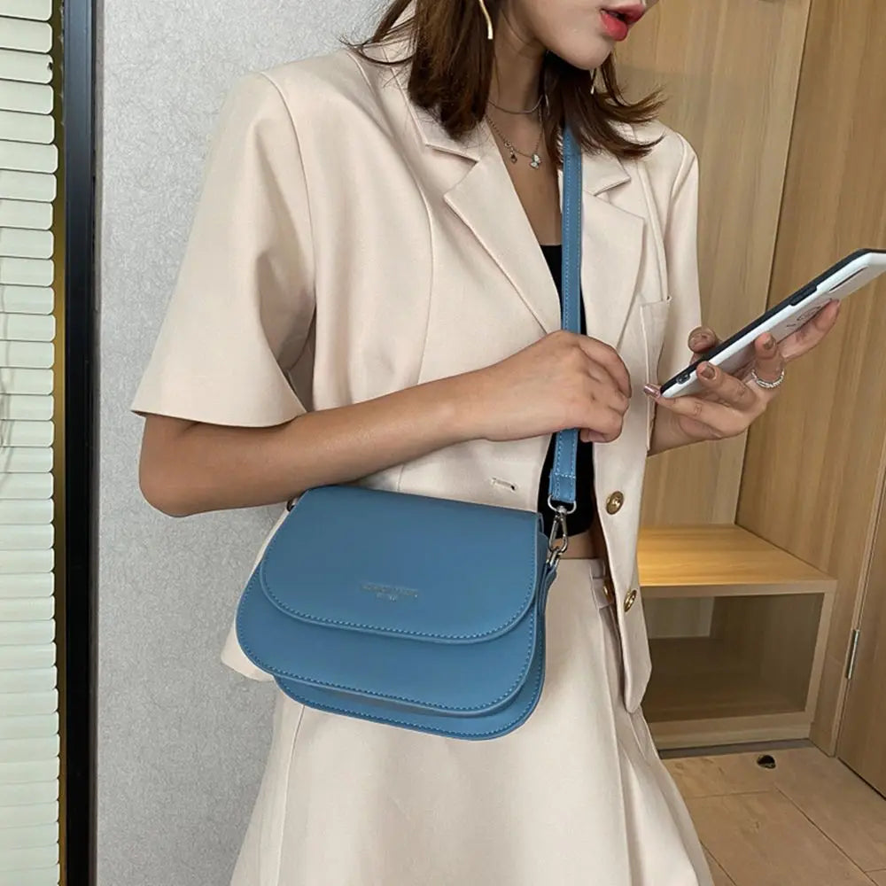 Trendy Solid Color PU Leather Crossbody Bag Saddle Shoulder Bag Flap Messenger Bag Handbags