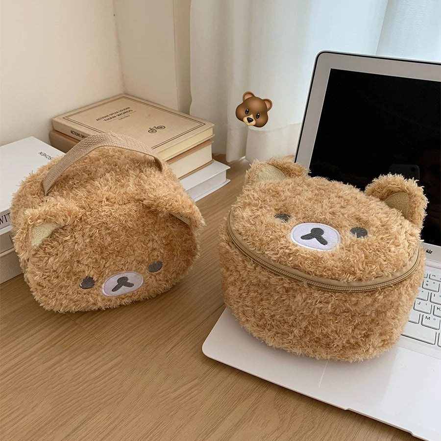 Estuche de maquillaje de peluche con diseño de oso relajado de anime, bolsa de cosméticos para mujer, bolsa de almacenamiento de joyas, organizador para chica, bolsos de mano, regalo,