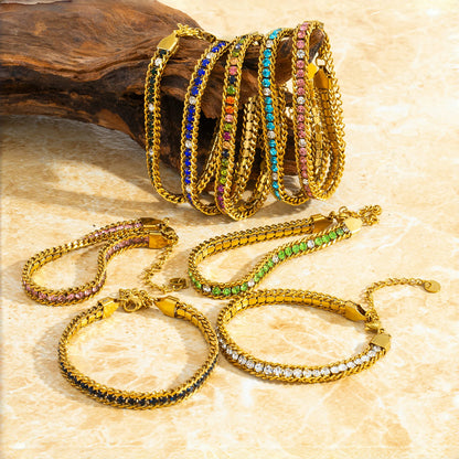 Pulsera de Triple Fila con Brillante, Acero Inoxidable Hipoalergénico Chapado en Oro de 18K, Joyería de Lujo y Elegante