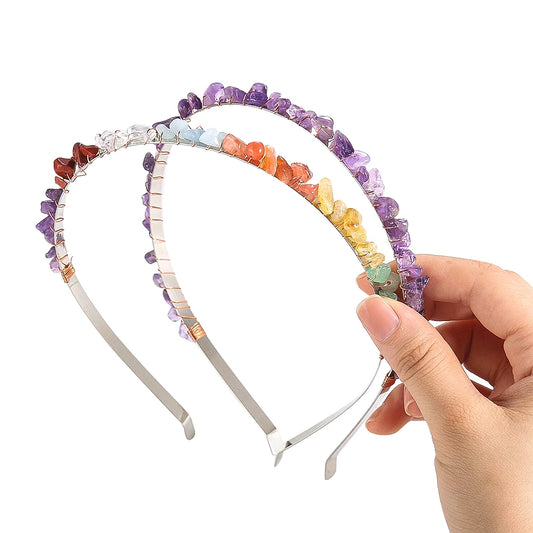 Natural Chakra Stone Amethyst Crystal Gravel Hairband Healing Gemstone Energy Crown Tiara Headband Hair Accessories for Women