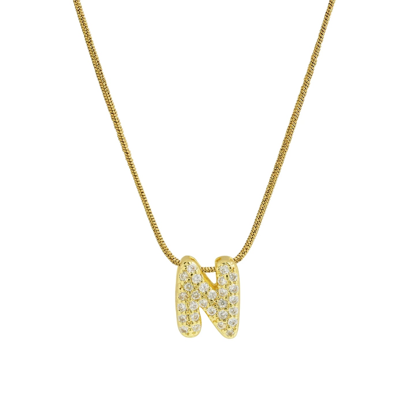 Collar con Inicial de Letra Bonita, Baño de Oro de 18K, Collar con Zirconias, Collar de Letras Infladas