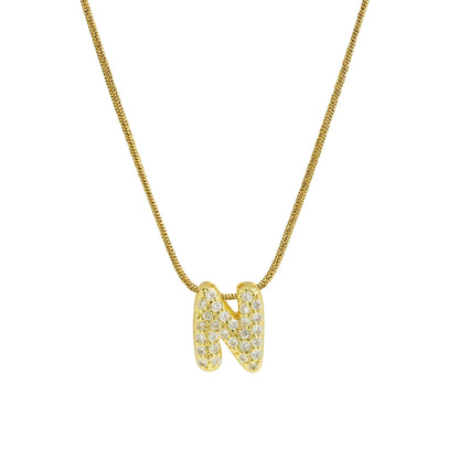 Collar con Inicial de Letra Bonita, Baño de Oro de 18K, Collar con Zirconias, Collar de Letras Infladas