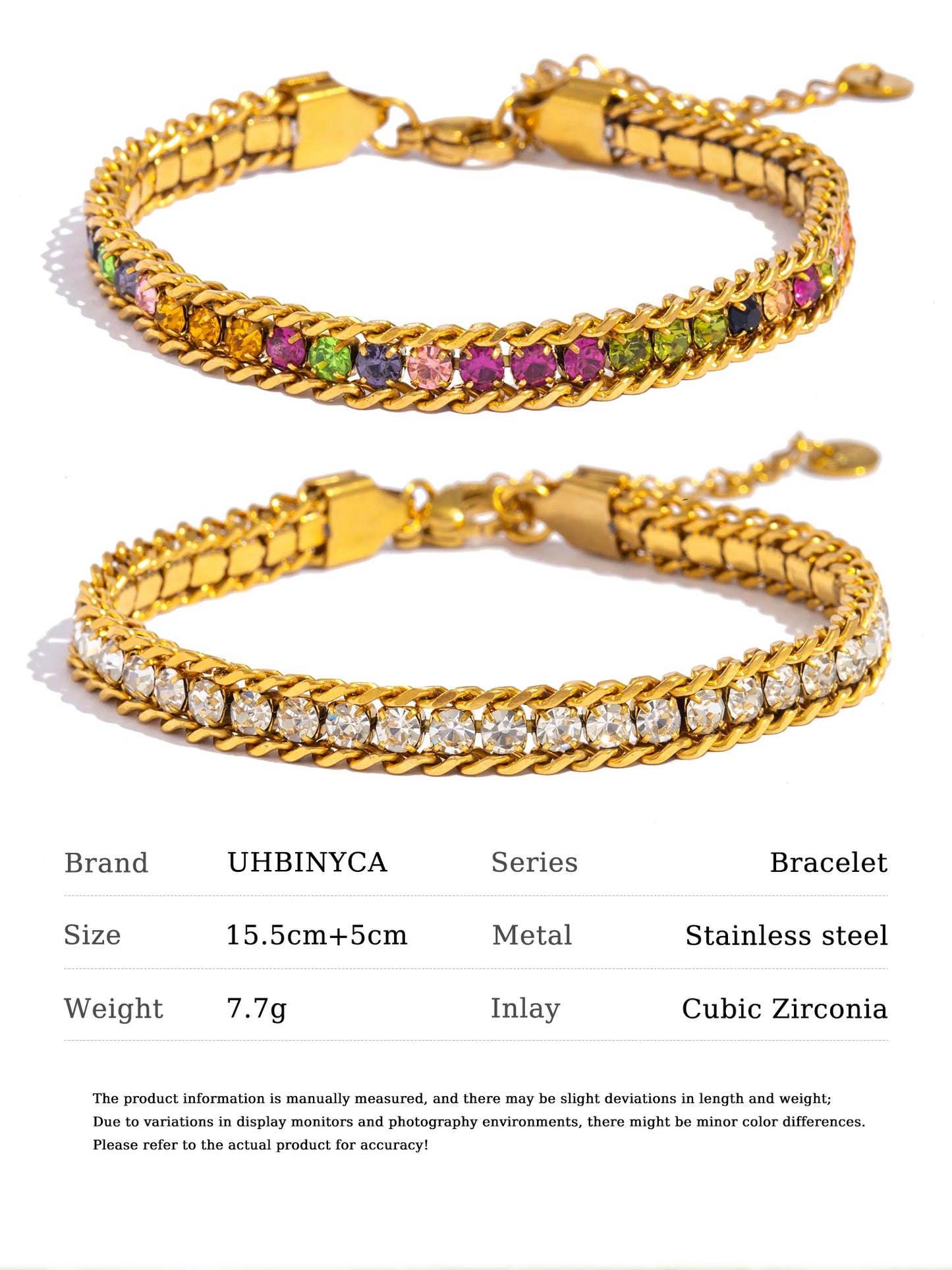 Pulsera de Triple Fila con Brillante, Acero Inoxidable Hipoalergénico Chapado en Oro de 18K, Joyería de Lujo y Elegante