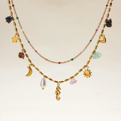 Collar colgante de piedra de color natural Uworld, en acero inoxidable bañado en oro de 18K, apilable de doble capa