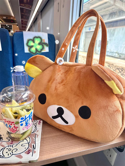 Kawaii Rilakkuma Plush Tote Bag Cute Brown White Bear Cartoon Handbag Soft Casual Shoulder Bag For Women Girl Large Capacity