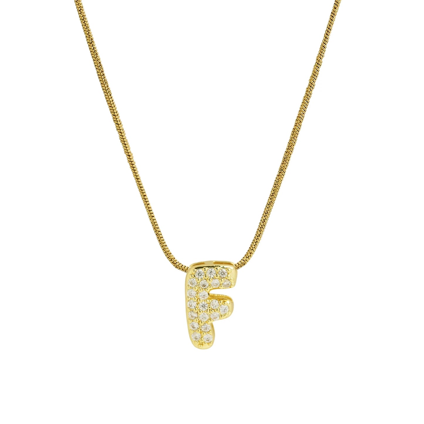 Collar con Inicial de Letra Bonita, Baño de Oro de 18K, Collar con Zirconias, Collar de Letras Infladas