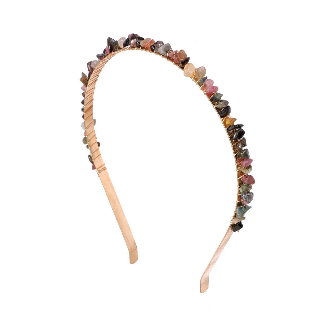 1PC Natural Stone Crown Gravel Headbands Irregular Aquamarines Amethysts Chip Beads Hair Hoops For Women Girl Hair Accessories