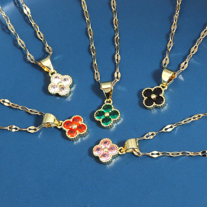 Collar con colgante de trébol violeta de cadena de acero inoxidable para mujer