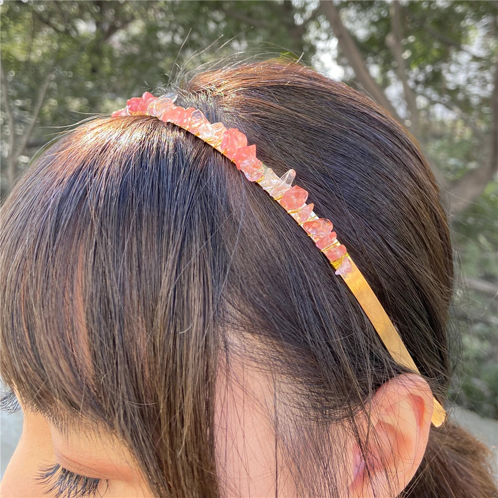 1PC Natural Stone Crown Gravel Headbands Irregular Aquamarines Amethysts Chip Beads Hair Hoops For Women Girl Hair Accessories