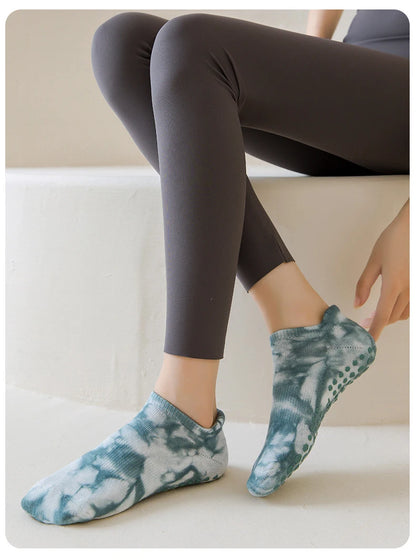 Yoga Socks Women Cotton Tie-dyed Silicone Non-slip Pilates Grip Towel Low-ankle Sock
